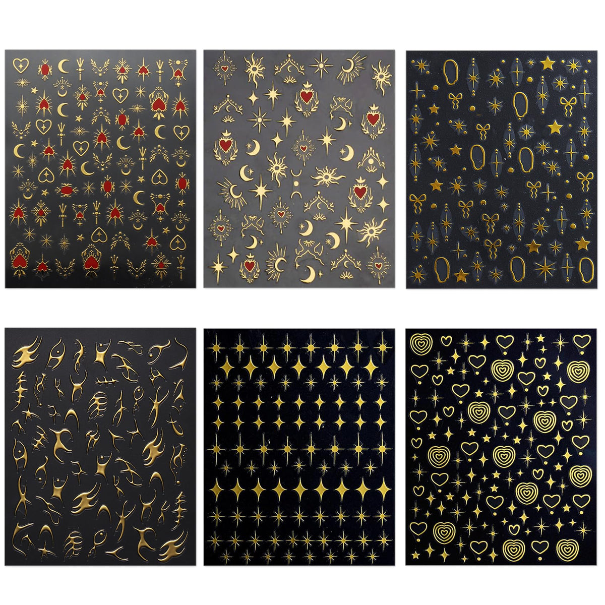 IDDFEVE Gold Heart Nail Art Stickers - Valentines Day Star Self-Adhesive 3D Nail Decals for DIY Golden Manicure (6 Sheets)