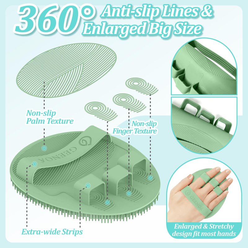 GEENOA Silicone Back Scrubber & Soft Bath Glove 2PCS, 16''- 21''Extendable Back Scrubber with Dual-Side Large Head, 360° Anti-Slip Hand-fit Silicone Body Scrubber for Rich Foaming Deep Cleaning(Green)