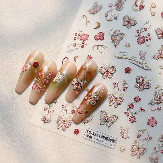 Red Butterfly Nail Stickers 5D Embossed Flower Nail Decals with Pearl Designs 3D Self-Adhesive Spring Nail Art Supplies Summer Nails Decoration Accessories for Women Girls Manicure 1 Sheet