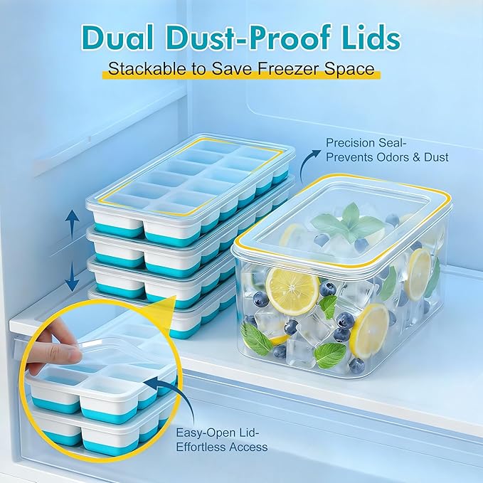 NFK Ice Cube Tray with Lid & Bin - 4 Pack Stackable Silicone Trays for Freezer with Storage Container, Leak-Proof Lids, BPA-Free, Easy Release for Kitchen, RV, Cocktail, Party, Coffee & Drinks