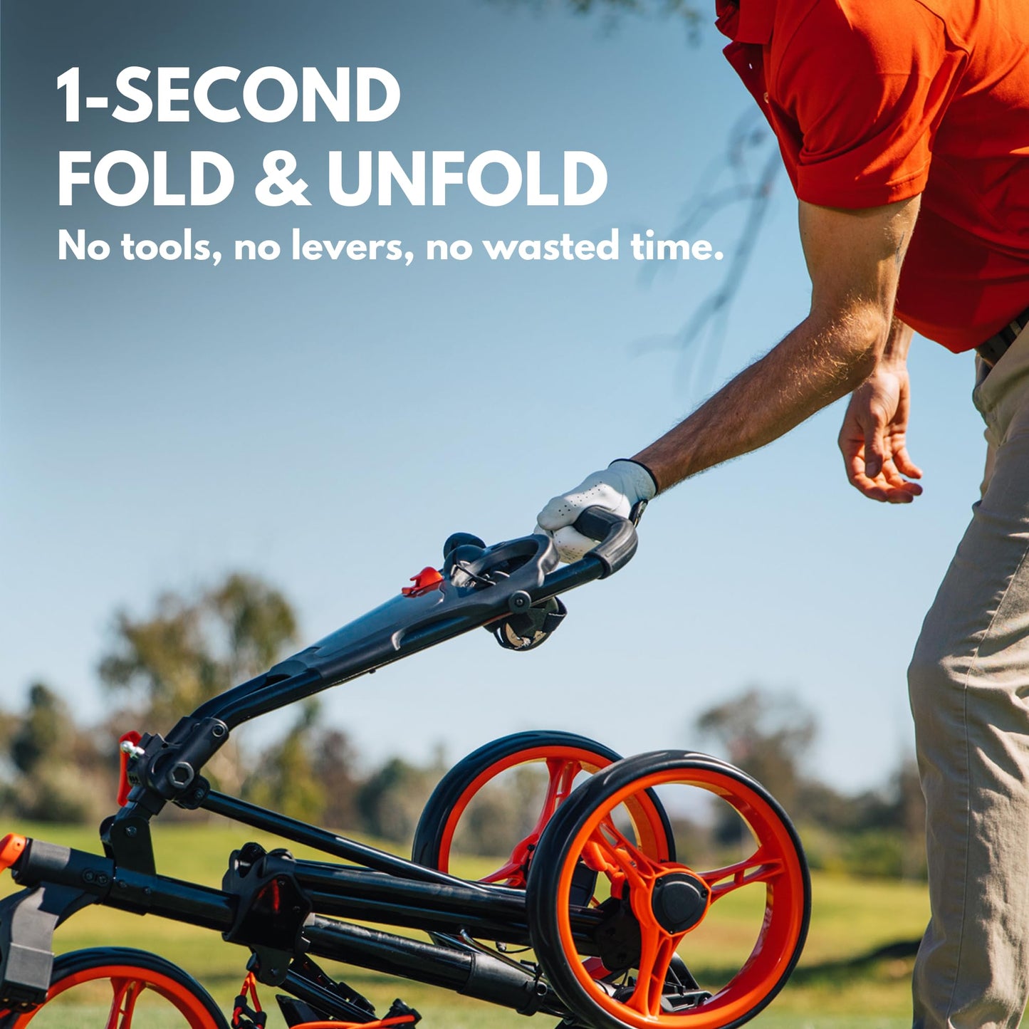 Qwik-Fold 360 Swivel 3 Wheel Push Pull Golf CART - 360* Rotating Front Wheel - ONE Second to Open & Close! (White/Red)