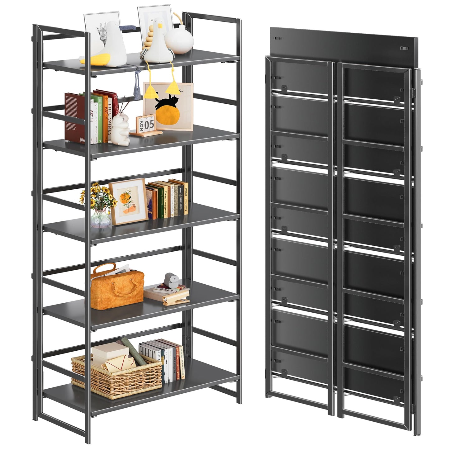 4NM No Assembly 5 Tiers Collapsible Book Shelves, 51.2" H Folding Bookshelf Bookcase Open Industrial Foldable Shelves for Bedroom, Living Room, Home Office - All Black