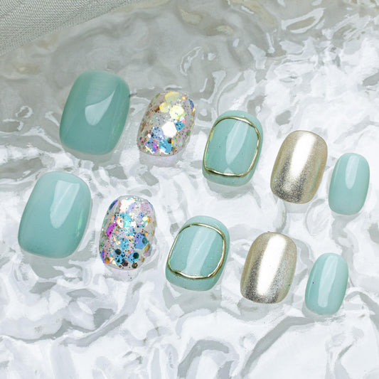 Sun&Beam Nails Handmade Press-on Short Squoval Round Blue Gold Colorful Glitter Minimalist Design Fashion False Nail Tips 10 Pcs Set (#181 S)