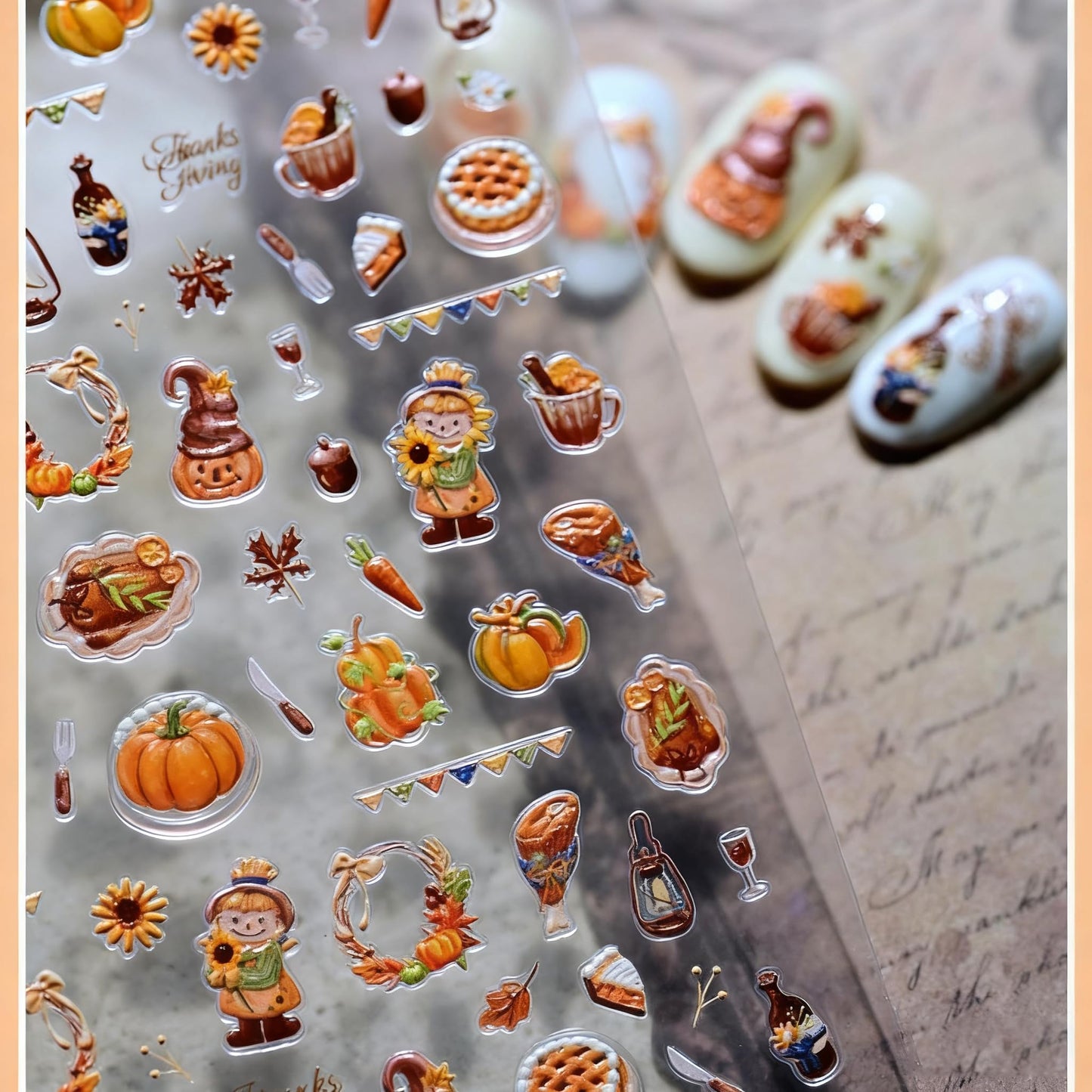 Thanksgiving Day Nail Stickers 5D Embossed Pumpkin Lanterns Nail Art Stickers 3D Self Adhesive Wine Bottles Nail Decals Fall Autumn Cute Girl Nail Design Garland Nail Art Supplies for Women 1 Sheet