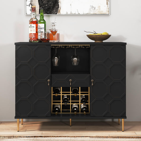 MROJISC Modern Bar Cabinet with Drawer, Liquor Cabinet with Wine Glass Racks and Shelves, Geometric Door Buffet Sideboard for Dining Room, Living Room, Kitchen, Black