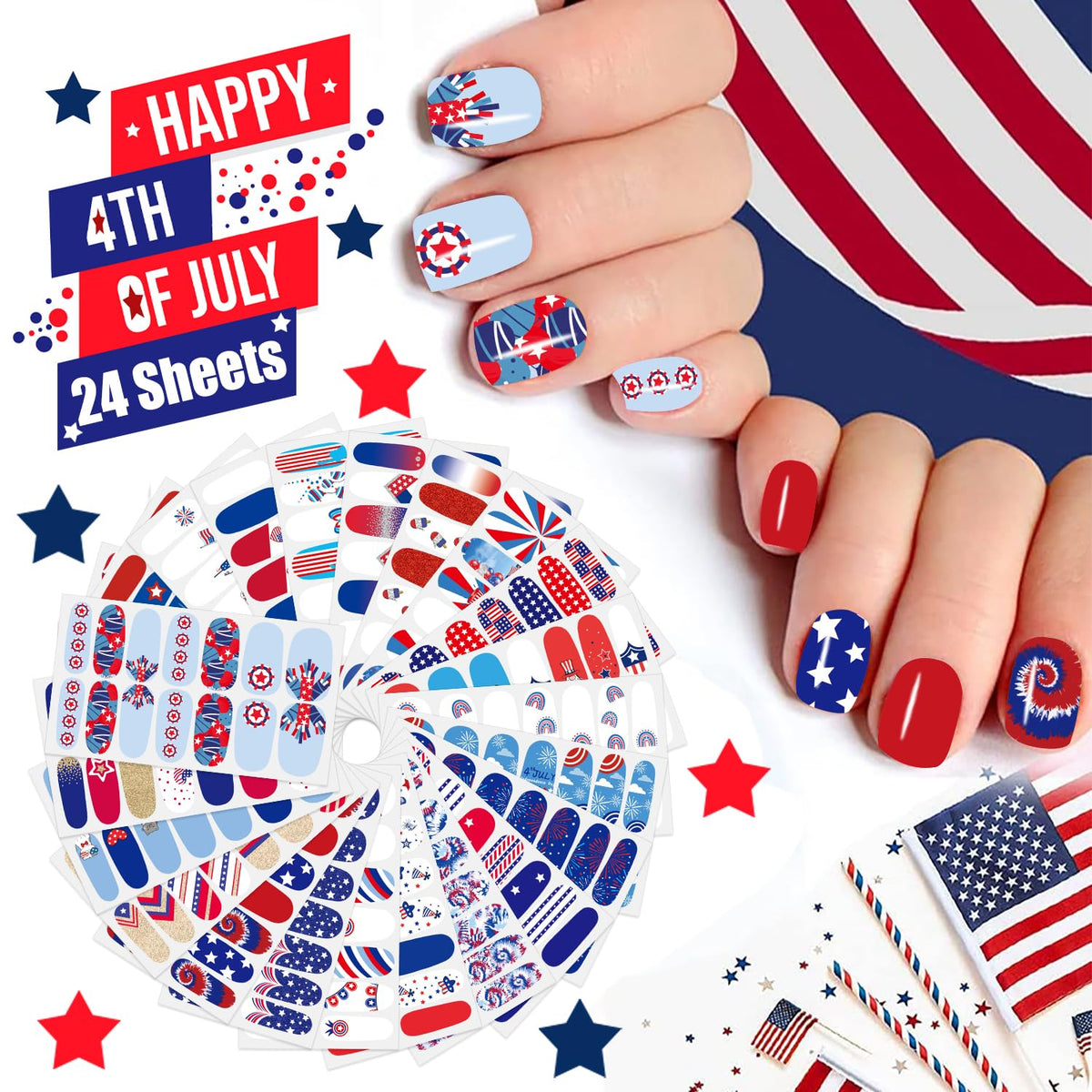 JERCLITY 336 Pieces 24 Sheets 4th of July Nail Wraps for Short Nails Independence Day Nail Polish Strips Patriotic American Flag Nail Strips Self-Adhesive Stickers for Memorial Day