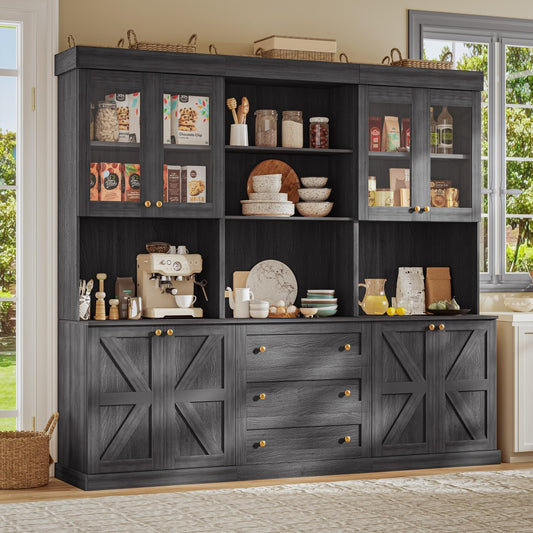 Vyre 71" Farmhouse Pantry Cabinet Set of 3, Large Storage Hutch with Glass Doors, Drawers and Adjustable Shelves, Freestanding Coffee Bar with Microwave Stand for Kitchen or Living Room, Black