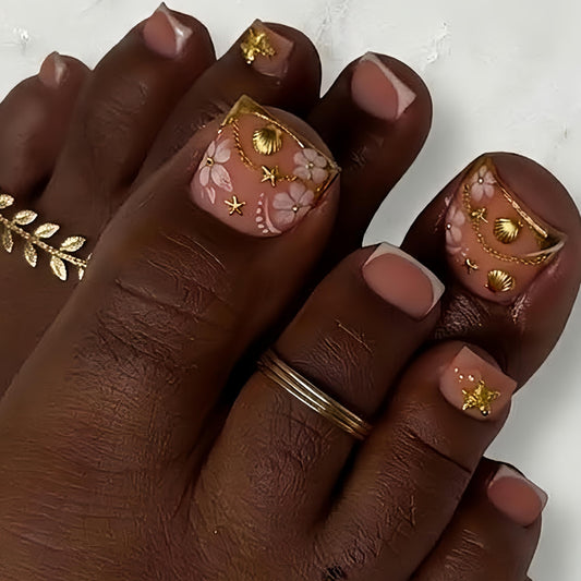 Gold French Tip Toe Press on Nails Short Square Toenail Press ons Glossy Fake Toe Nails with Starfish Shell Rhinestones Design Glue on Toe Nails Reusable Stick on Toenails for Women Decorations Set