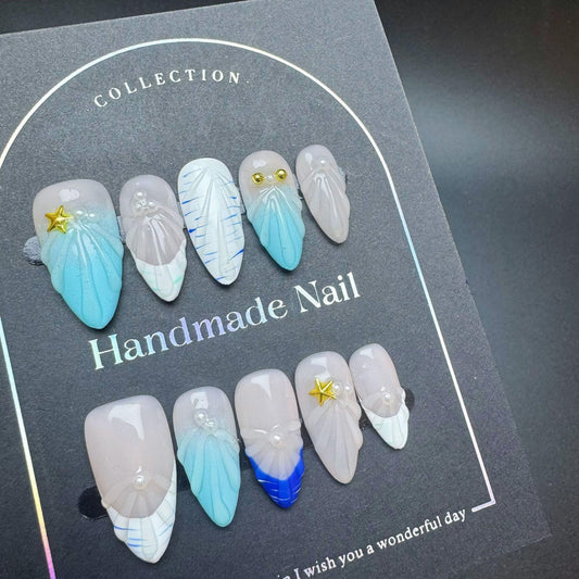 100% Handmade Press on Nails Medium Almond Fake Nails Summer Acrylic Handmade Nails Press Ons Ocean Seashell Waterdrop False Nails for Women Girls Manicure Size M