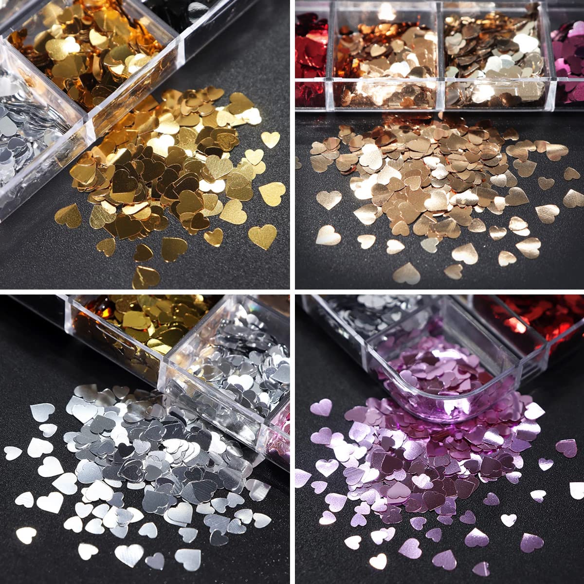 12 Grids 3D Heart Nail Art Stickers - Holographic Laser Nail Glitter Sequins Love Decals for Valentine's - Gold, Red, Black, Silver Glitter Flakes for Nail Art Decoration