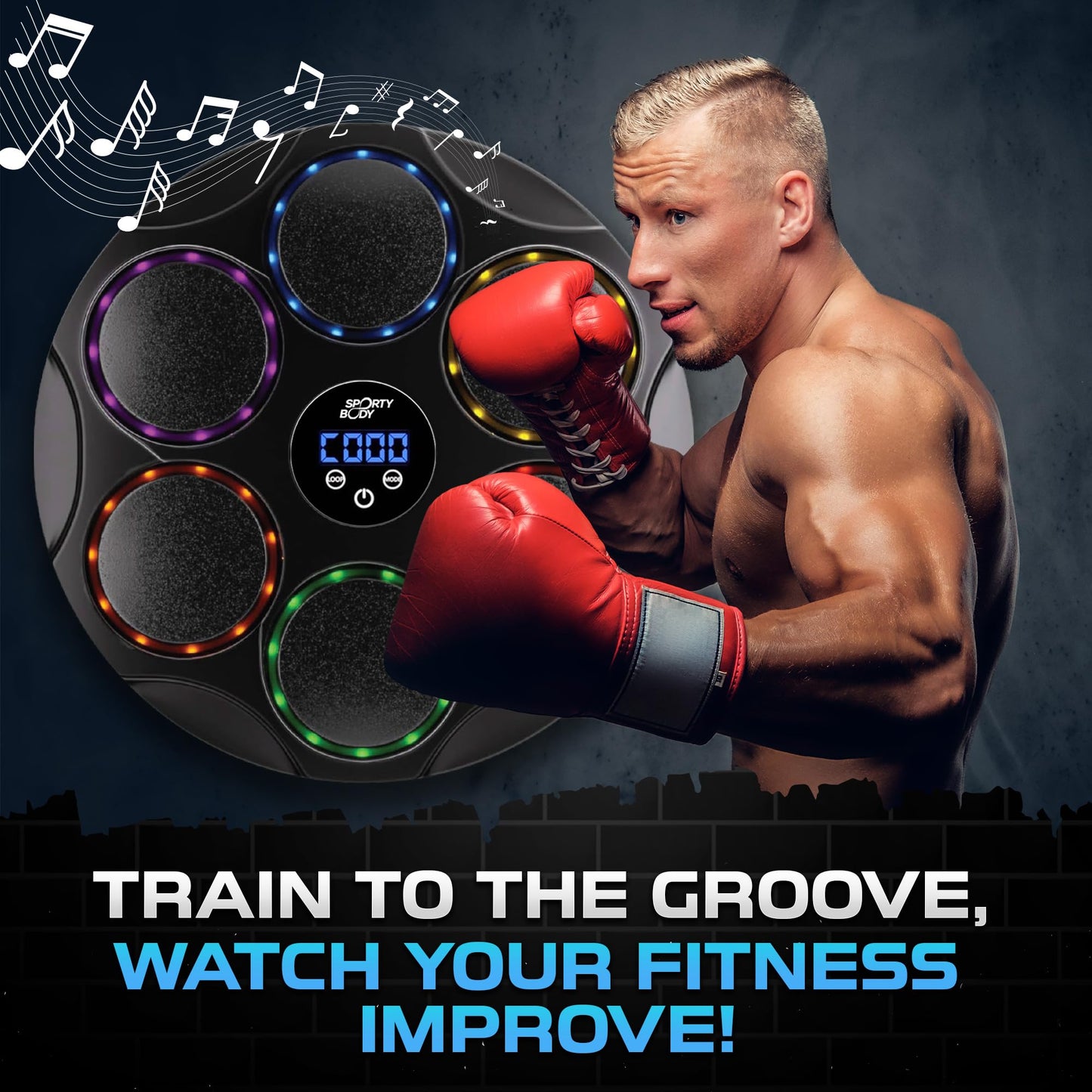 Music Boxing Beatbox Trainer by Sporty Body, 9 Speeds & 9 Light Modes, Bluetooth Sync, Auto Counting, and Durable ABS Body for Home Workouts, Supports 440lbs Punch Force, Wall Mounted Boxing Machine