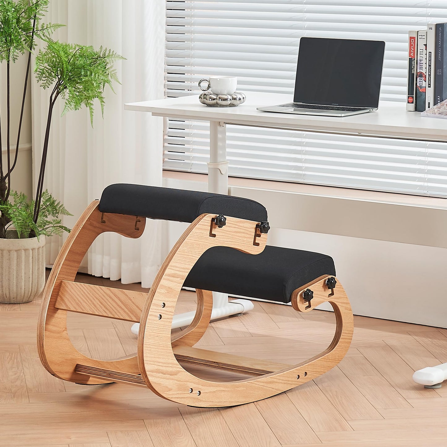 MoomJiee Ergonomic Kneeling Chair,Adjustable Rocking Knee Chair for Home Office,Wooden Office Chair for Back Pain Relief, Black