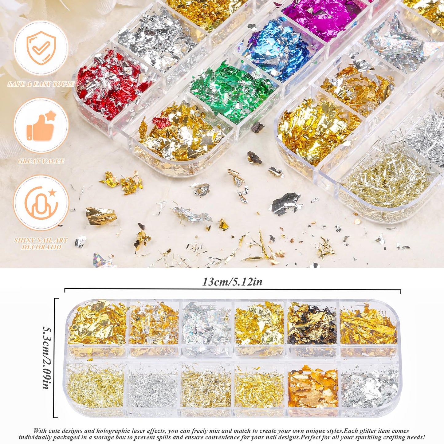 5 Boxes 60 Colors Holographic Nail Glitter Gold Foils Kit, Nail Foil Flakes Laser, 3D Irregular Thin Foil Nail Art Flakes Design Nail Sequins Supplies for Manicure Body Makeup Craft DIY