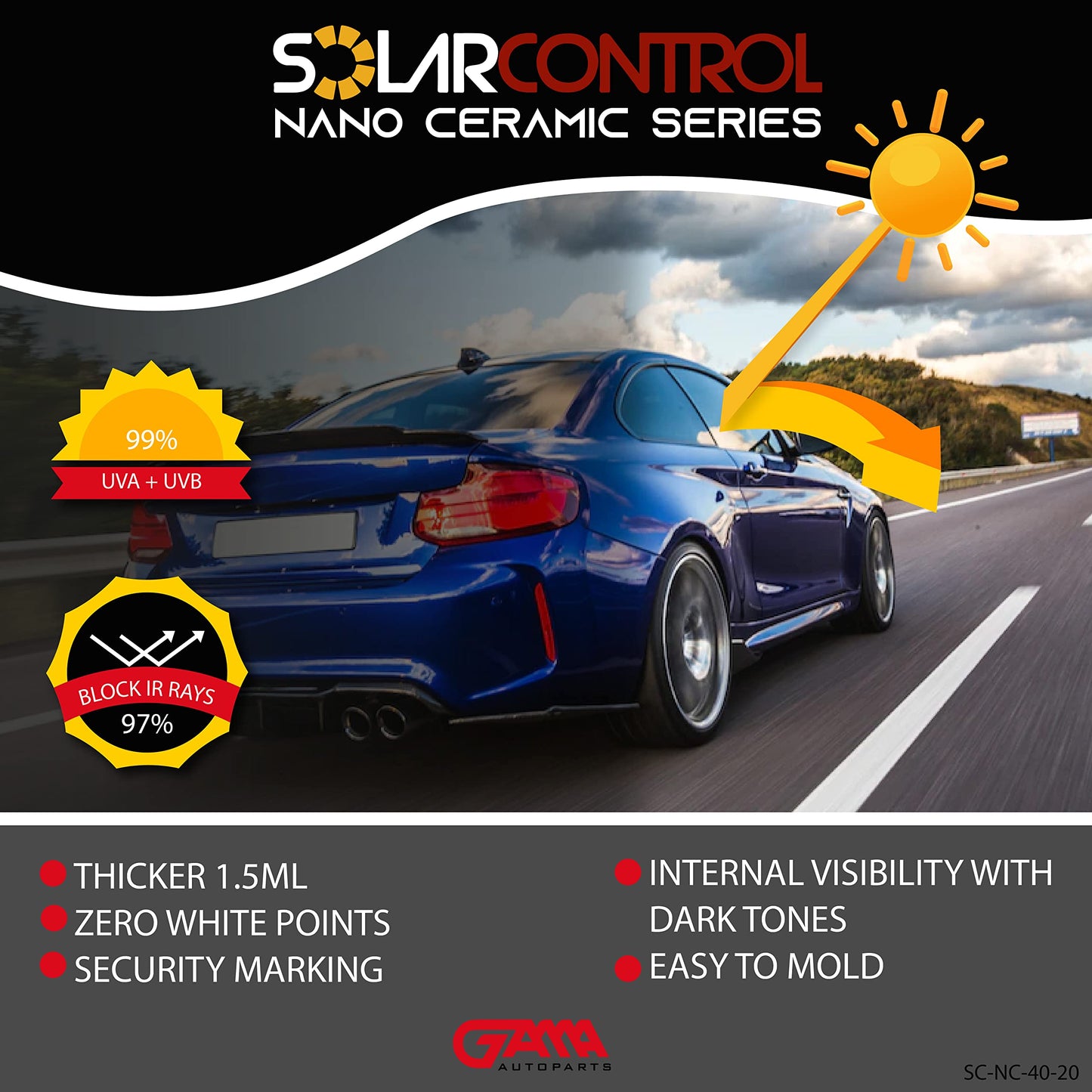 SOLARCONTROL Window Tint Car Film 2PLY 100% UV Rejection 40'' X 100FT Nano Ceramic Shade Roll Universal Fit Privacy Sun Block and Scratch Resistant 90% IRR (5% Dark Shade)