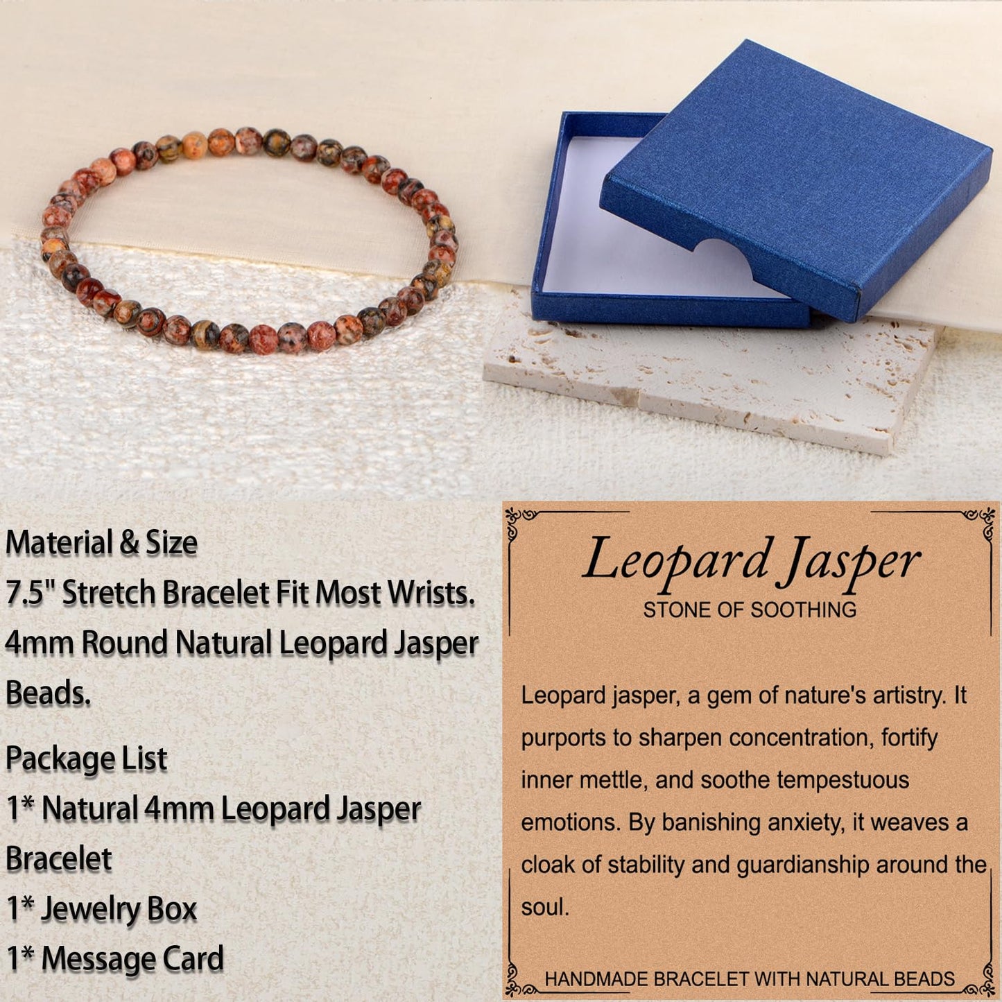 LPBeads Handmade Natural Gemstone Stretch Elastic 4mm Leopard Jasper Bracelet Healing Crystal Round Stone Beads Jewelry Gifts for Women Men
