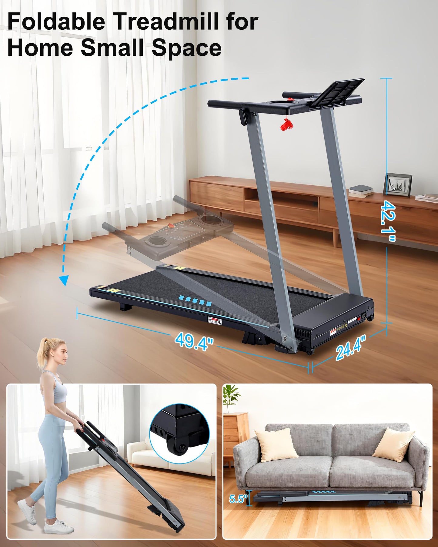 BORGUSI Incline Treadmill with Handles, Portable Small Folding Treadmill for Home Office, Walking Pad with 300 LBS Capacity, 24 Preset Programs, LED Display, Extendable Cup Holder
