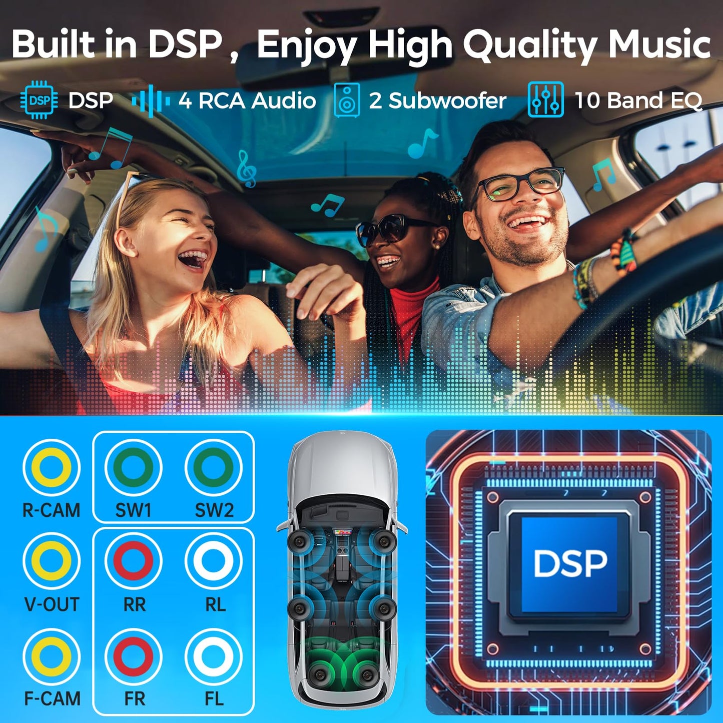 Kissound 10.1" QLED Double Din Car Stereo with Wireless Carplay & Android Auto, Music Sync Luminous Bar, SWC, Bluetooth, Backup Camera, 240W, Dual Subwoofer Output, Car Radio, Navigation, FM/AM