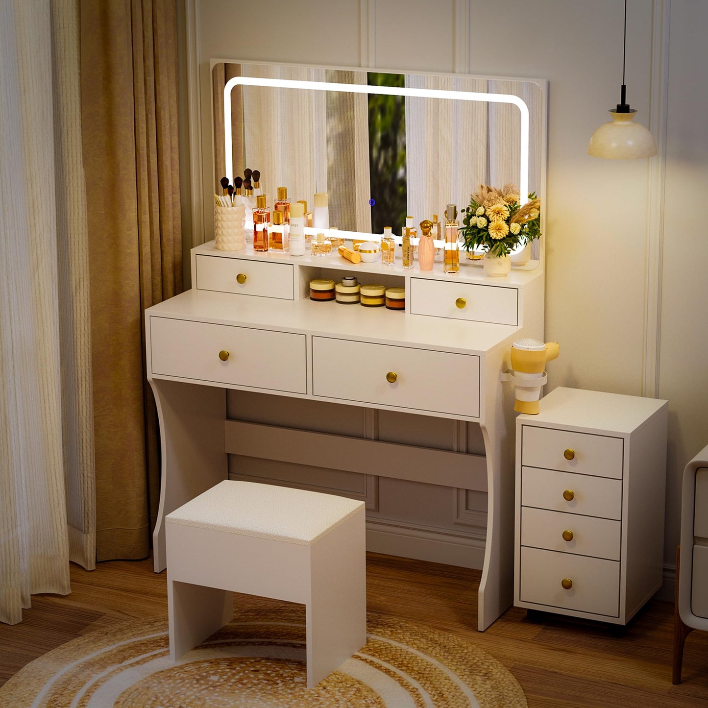 Pamapic Mobile File Cabinet Vanity Desk with Mirror and Lights, 8 Drawers Makeup Vanity Desk with Lights and Upgraded Silent Slides, 3 Lighting Modes Makeup Vanity with Charging Station, White