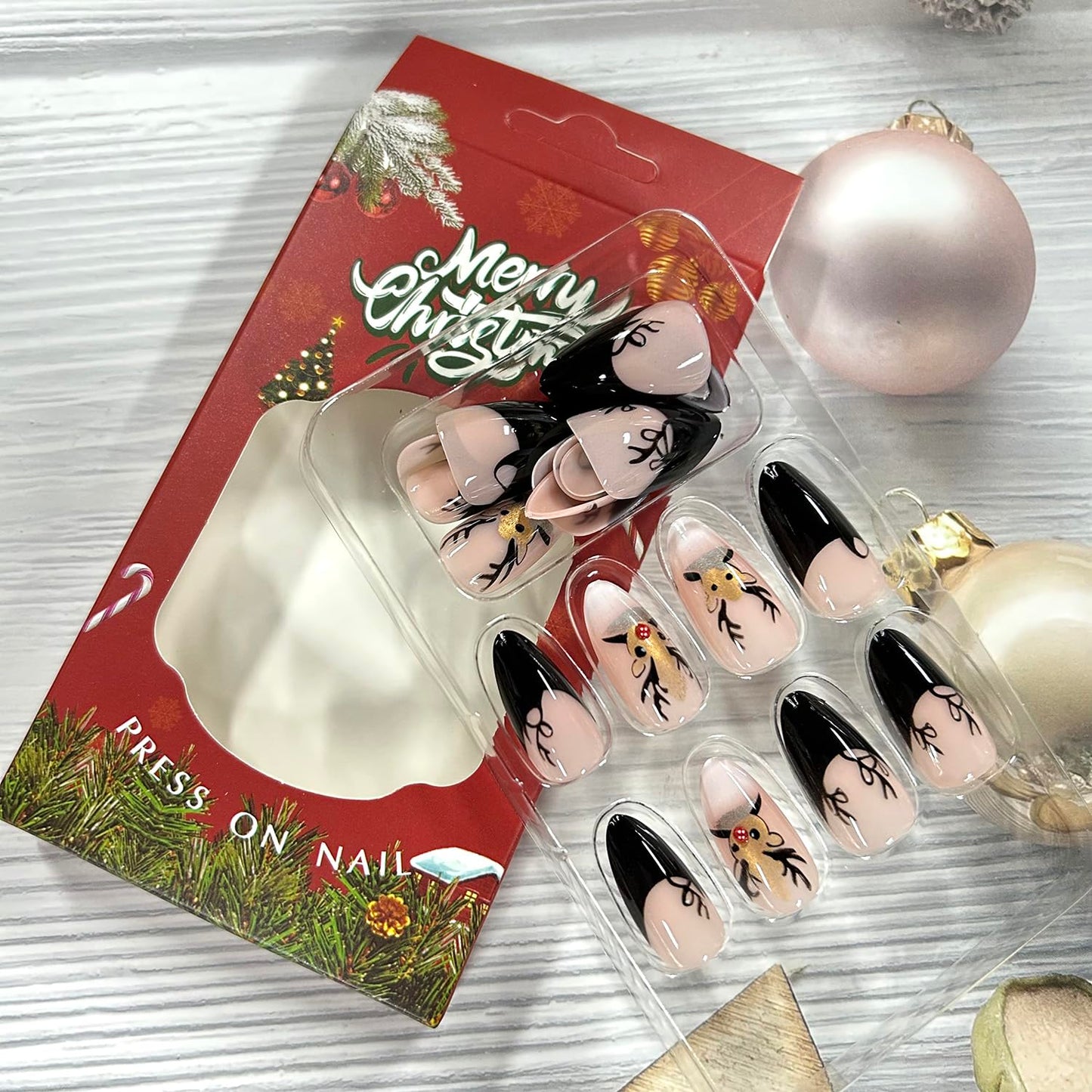 CJDLTS Christmas Press on Nails Short Artificial Almond Acrylic False Nails French Tip Fake Nail Elk with Glitter Design Stick on Nail Winter Full Cover Artificial Fingernails for Women Manicure