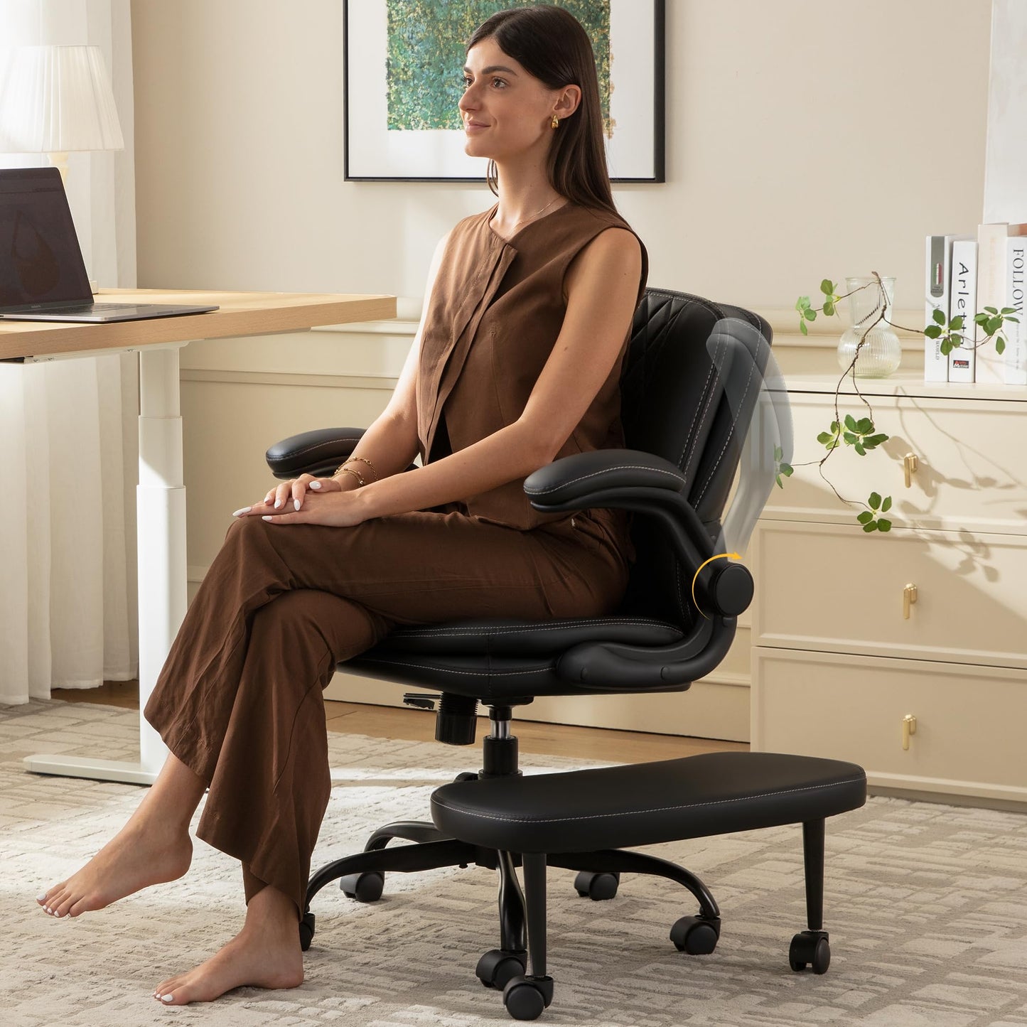 AreShark Cross Legged Office Chair,ADHD Criss Cross Desk Chair with Wheels & Stretchable Rotating Footrest,Height Adjustable Wide Yoga Kneeling Meditation Chair with Flip-up Armrests Back Support