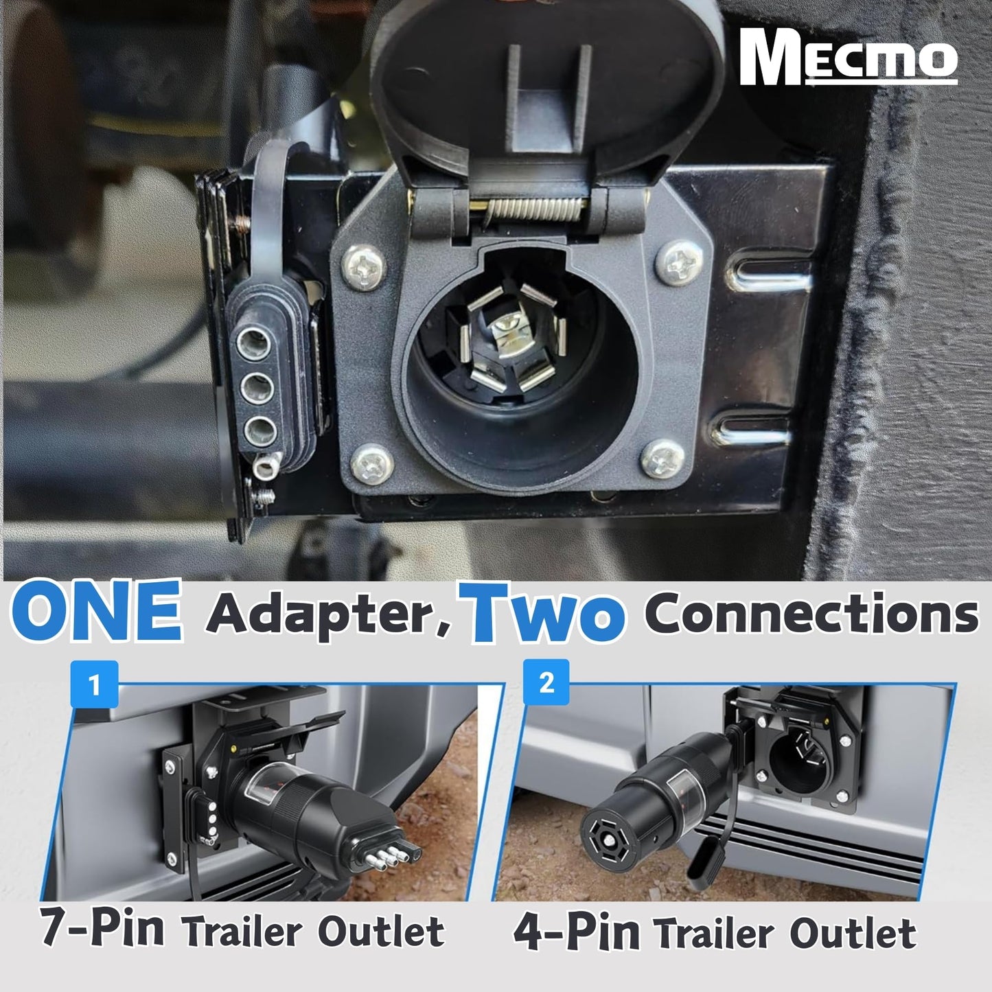 MECMO Multi-Tow 4-Way Flat to 7-Way RV Blade and 4-Way Flat Female End Trailer Wiring Adapter Connector Kit, 4 Pin Vehicle-Side Trailer Light Plug to Dual-output 7 Blade & 4 Flat with Mounting Bracket