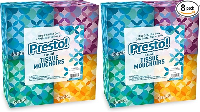 Presto! Facial Tissues, 3-Ply, Ultra-Soft | Premium | 264 Count | 8 Packs