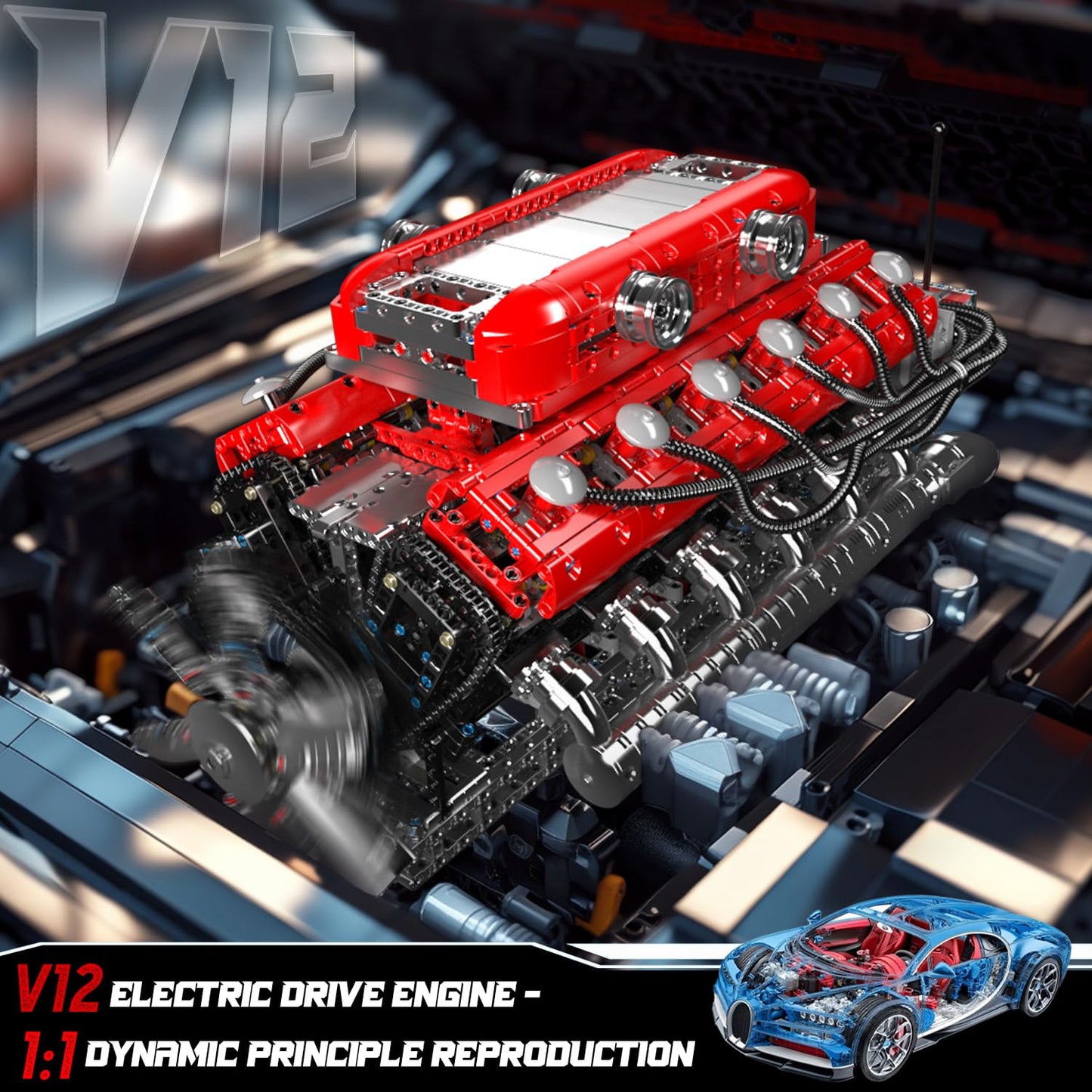 Mould King V12 Engine Model Kit that Runs - Motorized Mini Engines Building Blocks Set with Battery & Gearshift, Car Construction STEM Toy for Adults, DIY Mechanic Engineering Kit (3472+ PCS)