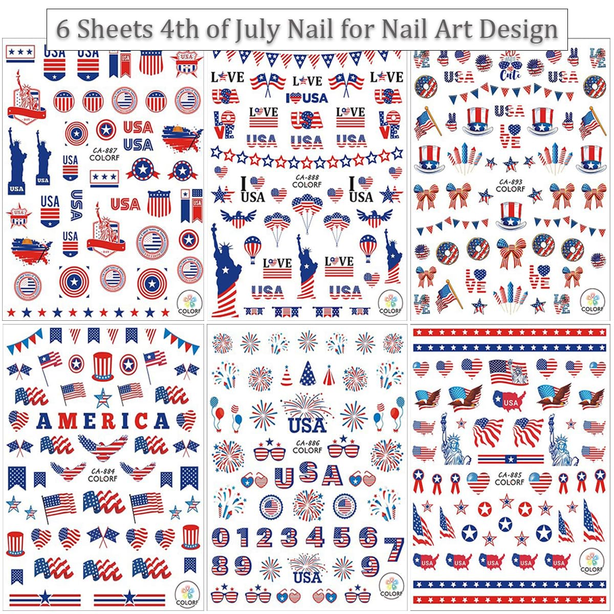 6Pcs Independence Day Nail Stickers for Nail Art - Celebrate 4th of July Nail Decals 3D Self-Adhesive USA Flags Heart Star Bow Eagle Design Firework Sticker for Memorial Day DIY Patriotic Nail Decor