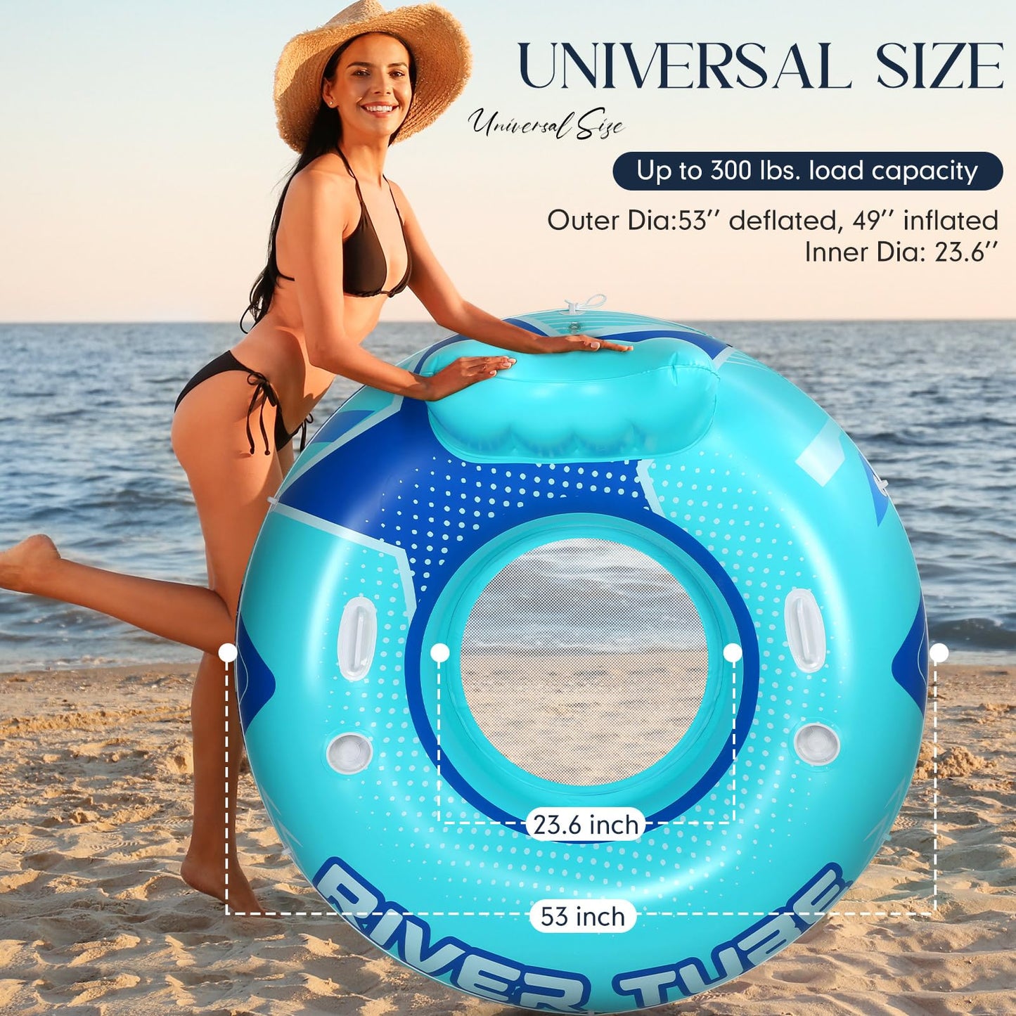 Glimin 6 Pcs Green Blue 53" Heavy Duty River Tube Float Inflatable Pool Floating Tube for Adult Large River Raft Water Chair Lounger with Mesh Bottom Backrest 2 Cup Holders and Handles, Holds 300lb