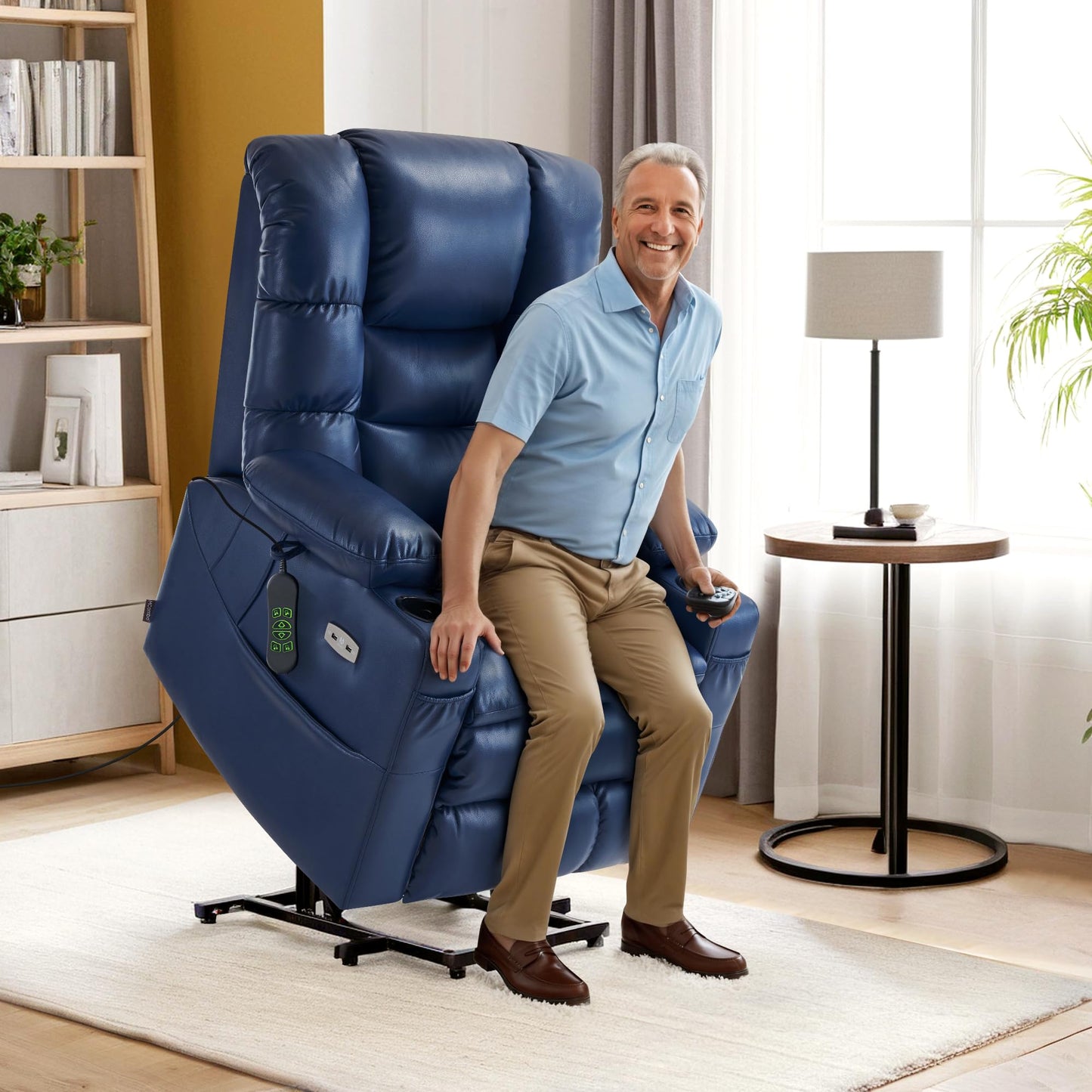 MCombo Large Triple Motor Power Lift Recliner Chair with Massage and Dual Heating, Adjustable Headrest for Tall Elderly People, Faux Leather 7634 (Blue, Large)