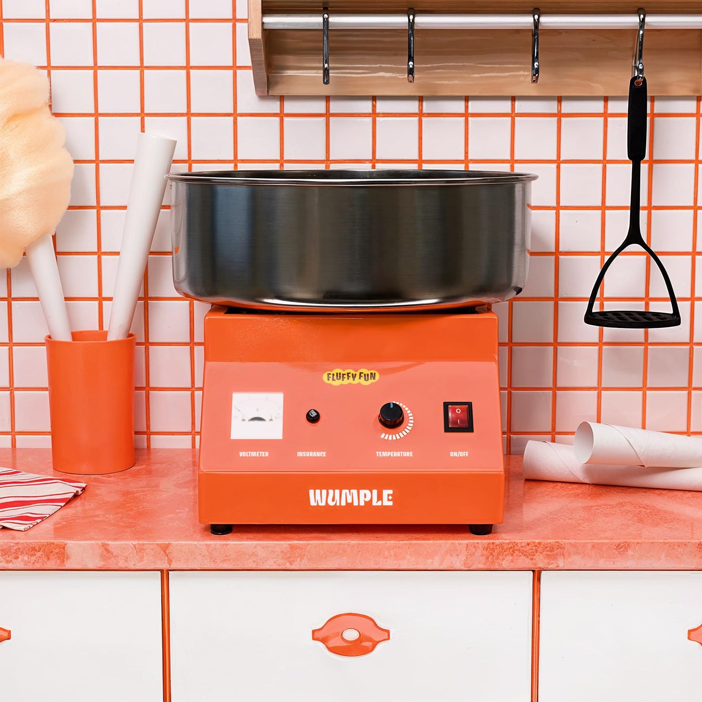 Wumple - Cotton Candy Machine Pro Bundle, Includes 3 Flavored Sugars & 70 Cones, Electric Machine with Large Stainless Steel Bowl for Parties & Business (Orange)