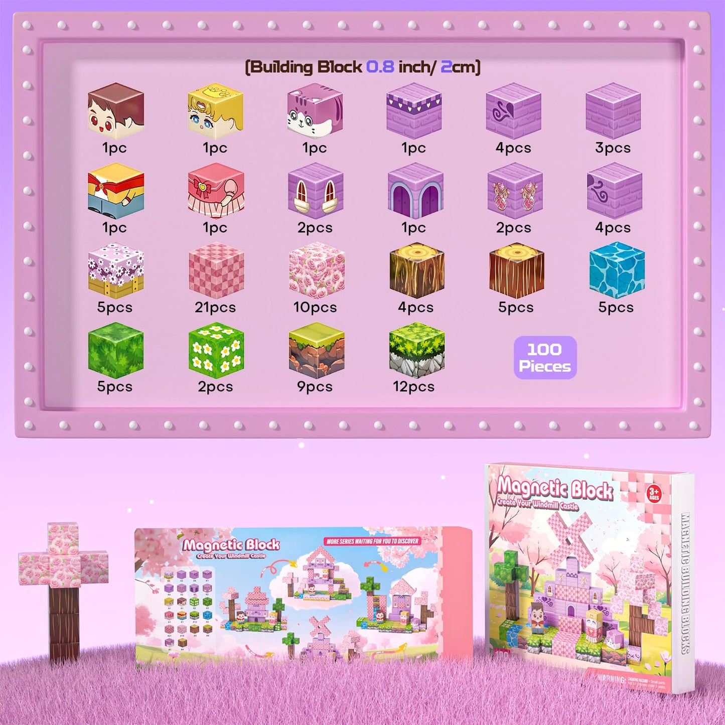 Kryzomat 100PCS Magnetic Blocks, Magnetic Building Blocks for Kids Age 4-8, Pink Princess Castle Toys for Girls, STEM Sensory Birthday Gift for Kids Age 3+ Years Old