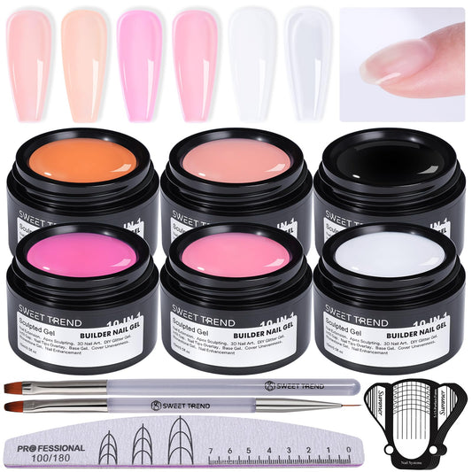 Builder Gel for Nails Kit - 10-IN-1 6 Colors Thickening Nail Set White Clear Soft Pink Rose Nude Coffee Hard Scuplted Gel for 3D Extension Sculpting Tips Base Rhinestone Soak Off UV/LED Manicure
