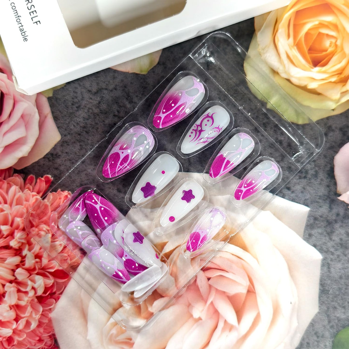 Valentines Press on Nails Medium Almond Artificial Acrylic French Fake Nails 3D Star with Irregular Love Coffin Nail Full Cover Glossy Heart Glue on Nail Artificial Fingernails Women Festival Manicure