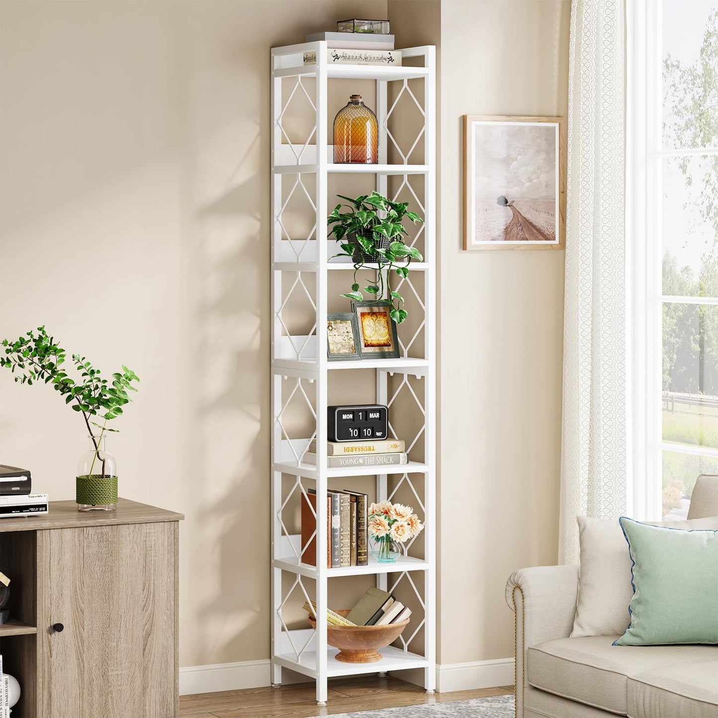 Tribesigns 78.7 Inch Extra Tall Narrow Bookshelf, 7 Tier Skinny Bookcase for Small Spaces, Freestanding Display Shelves, Multifunctional Corner Storage Organizer for Home Office, White