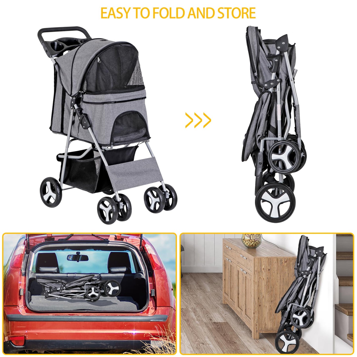 Pet Stroller 4 Wheels Dog Cat Stroller for Small Medium Dog Cats Carrier Jogger Travel Foldable Puppy with Storage Basket and Cup Holder (Grey)