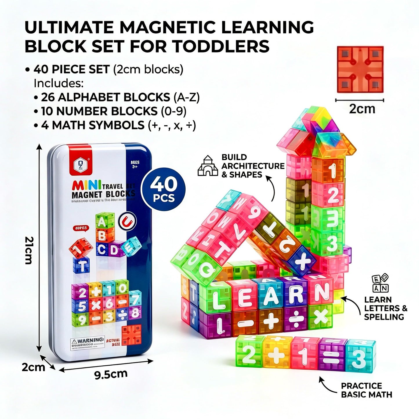 XNYV Magnetic Alphabet Blocks 40pcs - Educational STEM Learning Toys for Kids 3-8 | Portable Travel Letter Number Math Kit | Montessori Preschool Gifts Boys Girls