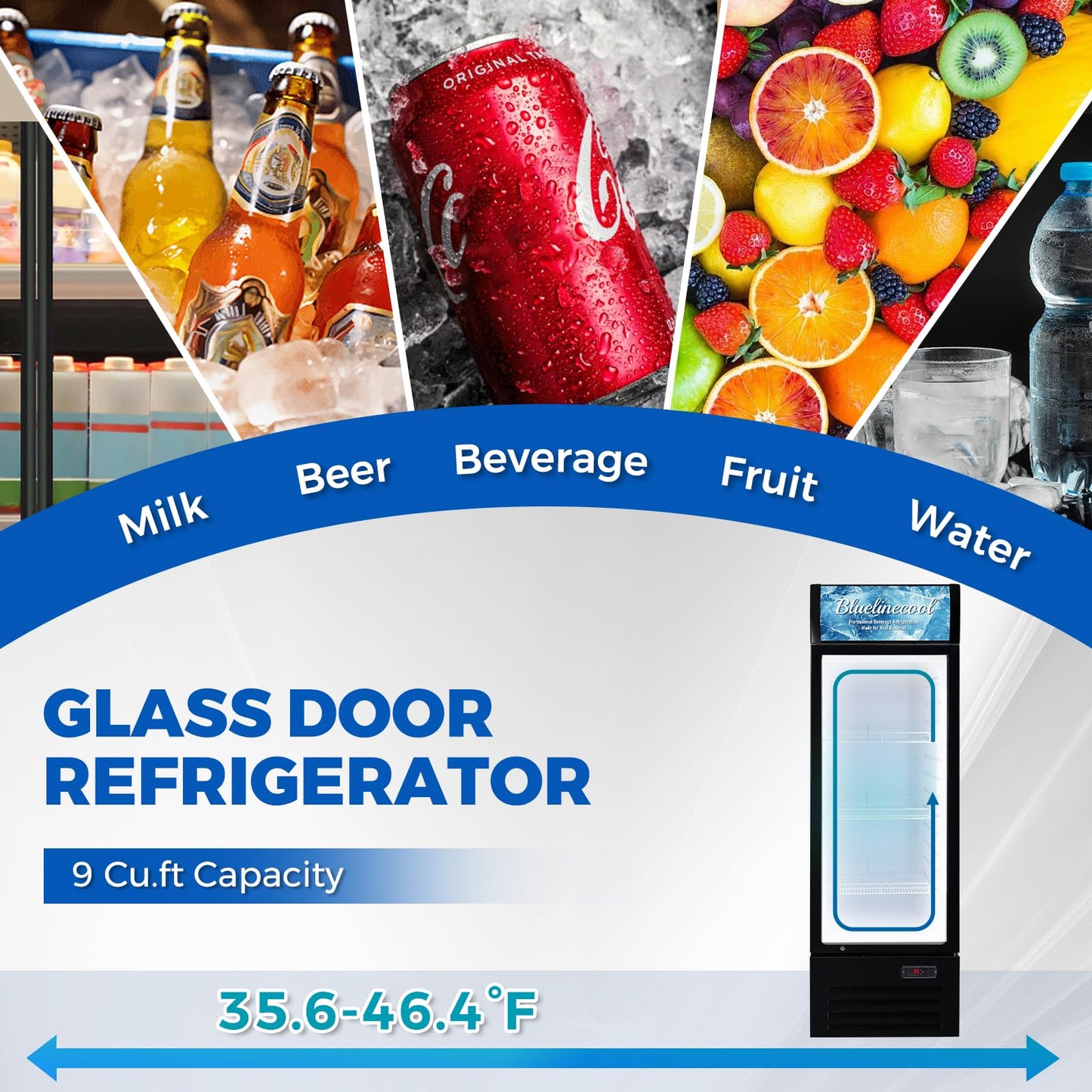Bluelinecool Commercial Refrigerators 9 Cu.Ft Upright Merchandiser Drink Cooler – Glass Door Beverage Fridge with LED Light, Adjustable Shelves, Lock Wheels – Display Refrigerator for Beer, Bar, Shop