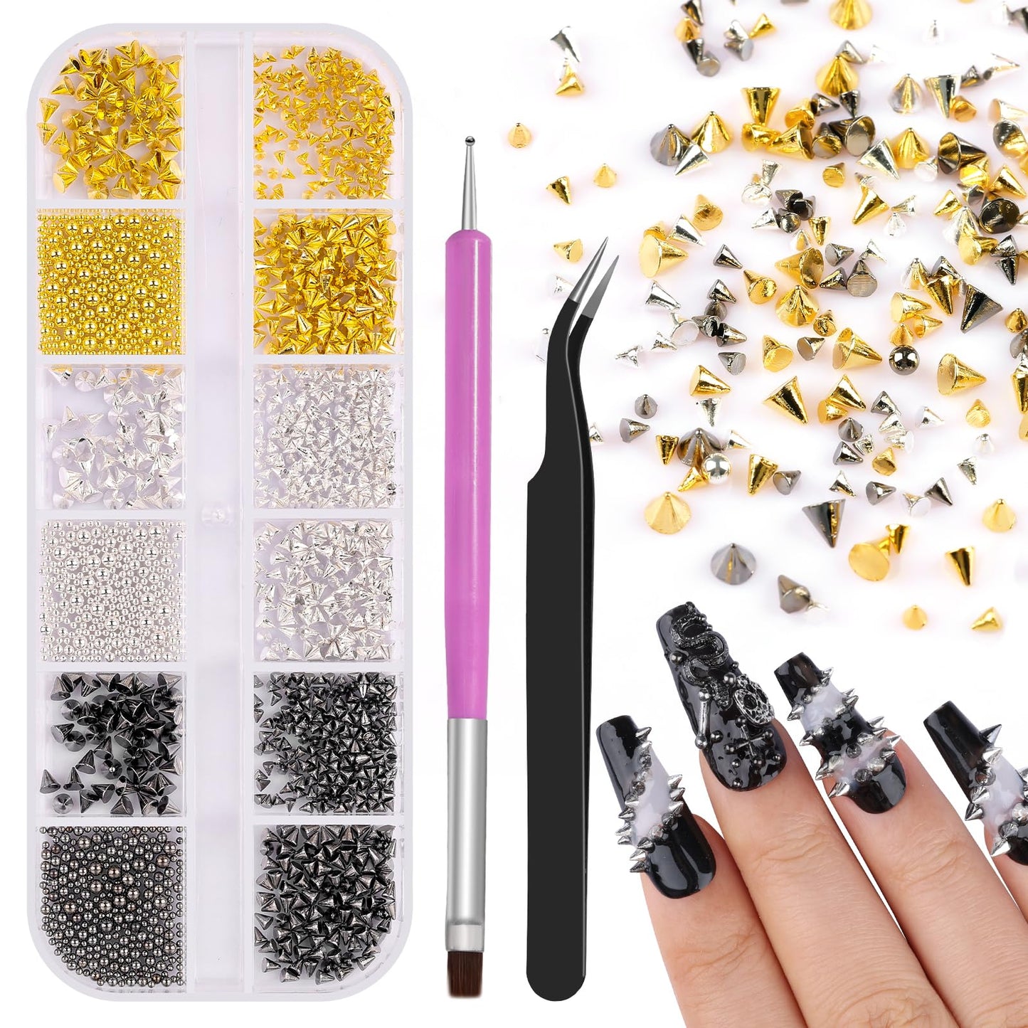 3D Mini Metal Punk Nail Art Studs, Mixed Sizes Gold Silver Black Alloy Cone Spikes Rivets Steel Beads Balls Goth Nail Charms with Tweezers & Dual-end Brush for Nails DIY Crafts Decorations (17-K1)