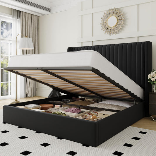 Allewie Queen Size Lift Up Storage Bed Frame, Hydraulic Support System, Upholstered Platform Bed Frame, Underneath Storage, Vertical Channel Tufted Headboard with Wingback, No Box Spring Needed, Black