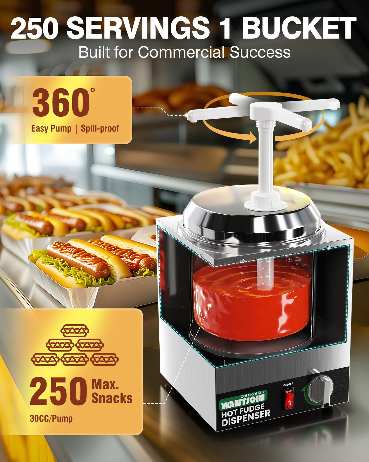 WantJoin 2.8Qt Nacho Cheese Dispenser with Pump Nacho Cheese Warmer,Stainless Steel Hot Fudge Warmer W/5-Level Temperature Adjustment,Commercial Hot Fudge Dispenser for Caramel