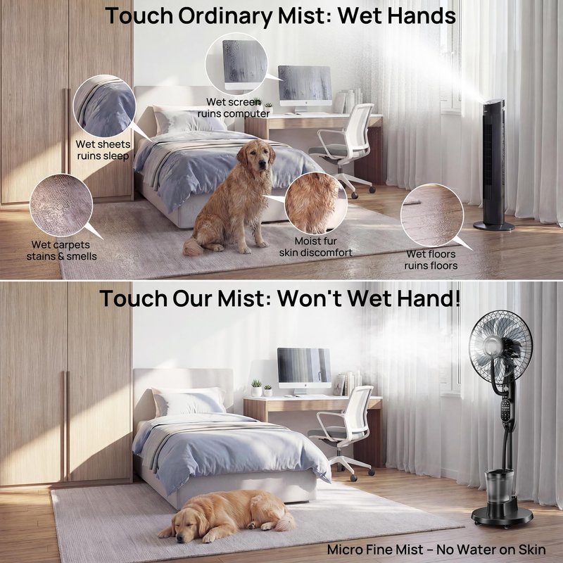 AetherMist Misting Fan, 16'' Standing Fan with Humidifier, Oscillating Fan with 9 Speeds 7H Timer, Fan for Bedroom, Pedestal Fan Indoor Only - 2026 Upgraded