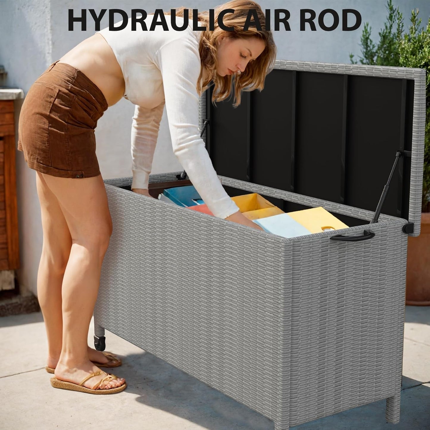 Hipicute 140 Gallon Outdoor Storage Deck Box, Large Rattan Storage Bin Wheel for Patio Cushions, Garden Tools and Pool Supplies, Waterproof, Grey