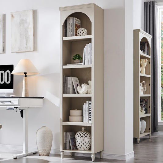 IFGET 76" Tall Arched Bookcase, Farmhouse 5 Tiers Narrow Arched Bookshelf Cabinet with Adjustable Shelves, Modern Wooden Book Shelf w/Storage and Open Display Shelves for Living Room, Office-Cream