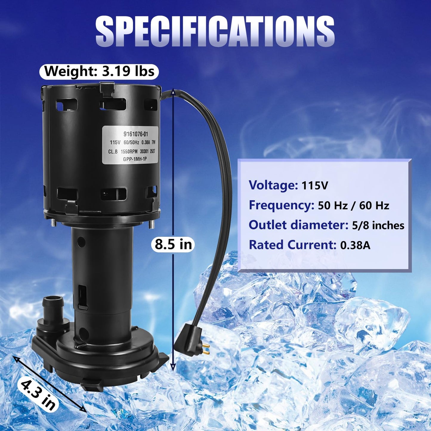 9161076-01 Ice Maker Water Pump Motor, 9161076-01 Pump compatible with Ice O Matic Ice Makers C20, C30, C40, C50, C60, Replaces 803338 GPP-1MH-1P HRIM-21-115 115V 60/50Hz