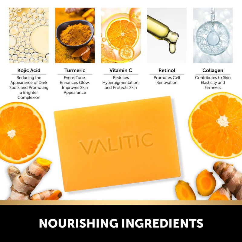 VALITIC Kojic Acid Vitamin C and Retinol Soap Bars with Turmeric for Dark Spot - Original Japanese Complex Infused with Collagen, Hyaluronic Acid, Vitamin E (2 Pack) - With Scrub Bag
