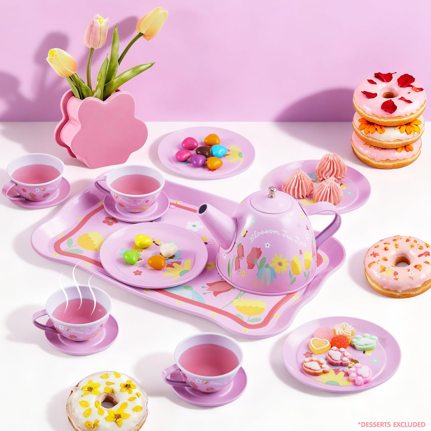 JOYIN Fairy Blossom Tea Party Set for Little Girls, Pretend Pink Tin Teapot Set, Princess Tea Time Play Kitchen Toy with Teapot, Cup, Plate, Carrying Case for Kids Toddlers Age 3 4 5 6
