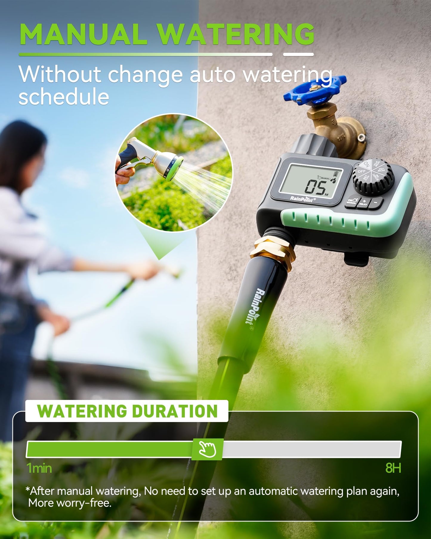 RAINPOINT Sprinkler Timer, Programmable Water Timer for Garden Hose, Outdoor Soaker Hose Timed with Rain Delay/Manual/Automatic Watering System, Digital Irrigation for Yard, Lawn, 1 Outlet