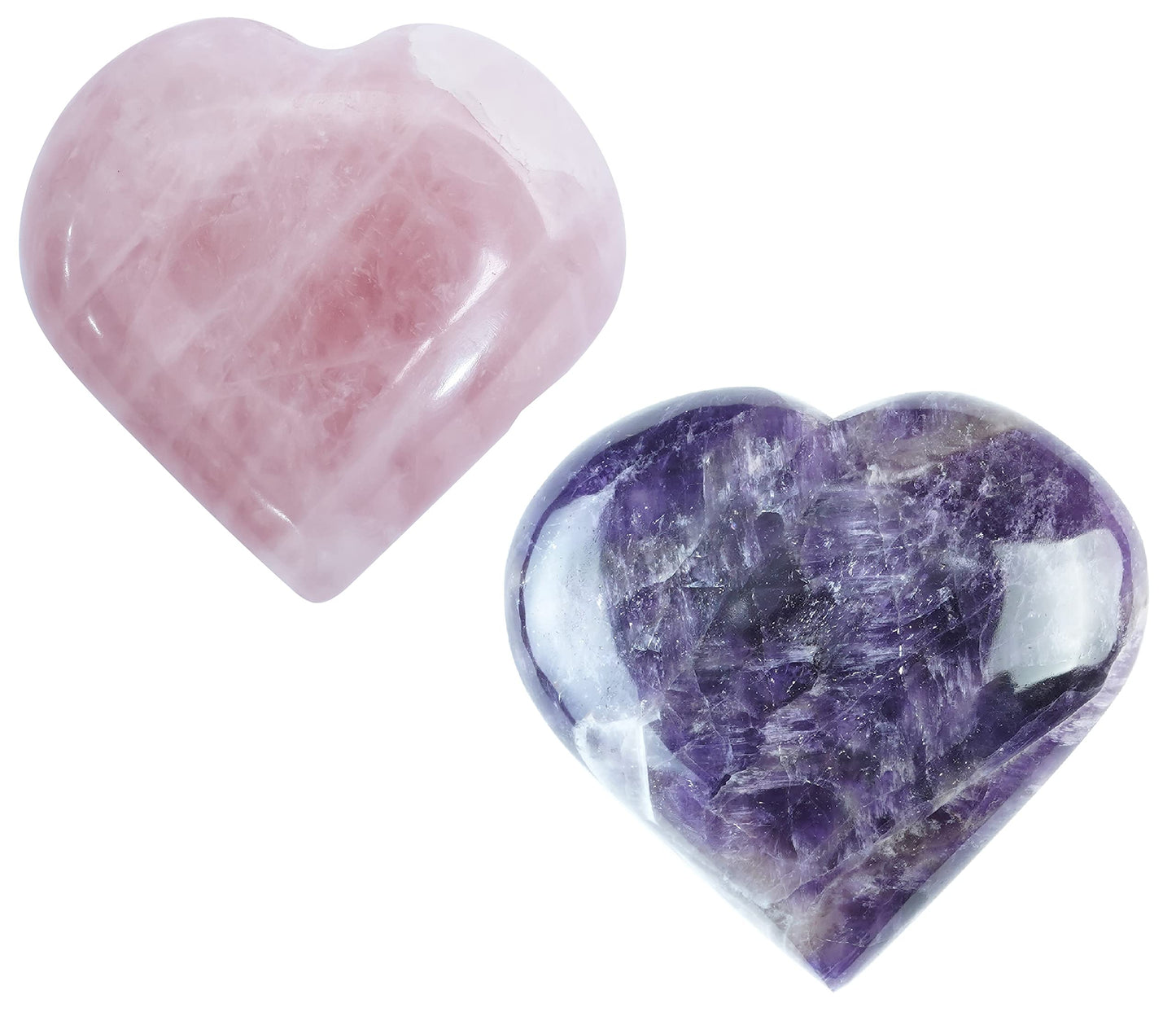 Crocon 2 pcs 50mm Crystal Heart Amethyst & Rose Quartz, (Set of 2) Healing Stone for Heart Chakra Crystal Heart Shape Love Heart Crystal Gift Pocket Stone Reiki Meditation Gift for him her