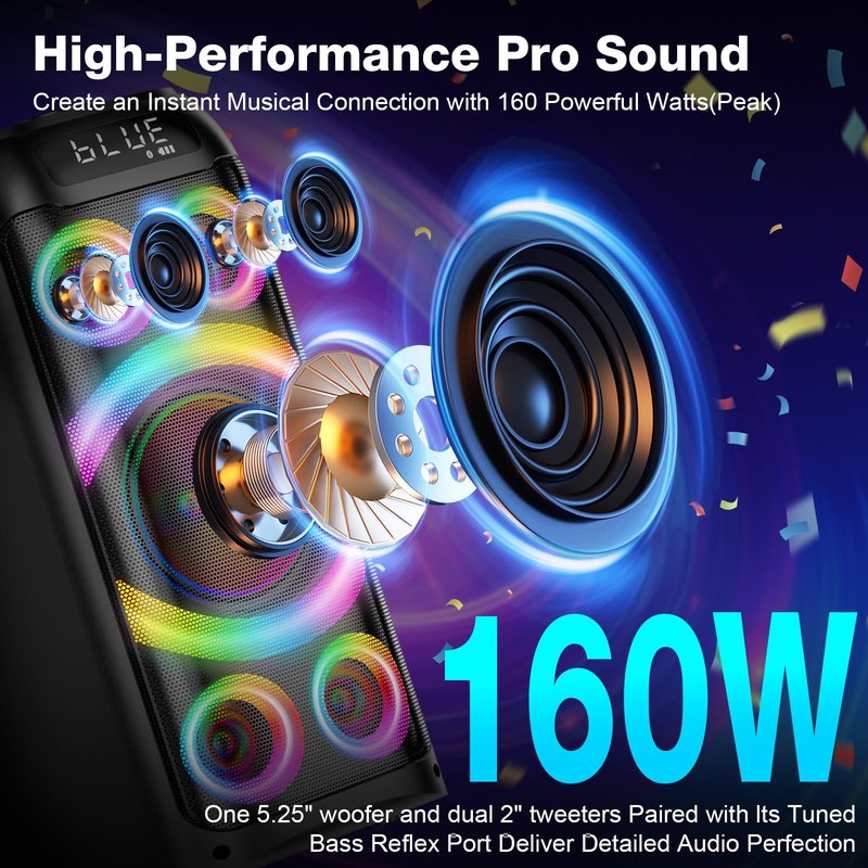 BOHINI Bluetooth Speaker, 160W Peak Powerful Loud Stereo Sound Deep Bass Wireless Boombox Portable Large Party Speakers with Subwoofer TWS Pairing Dynamic LED Light for Outdoor Camping Backyard Events